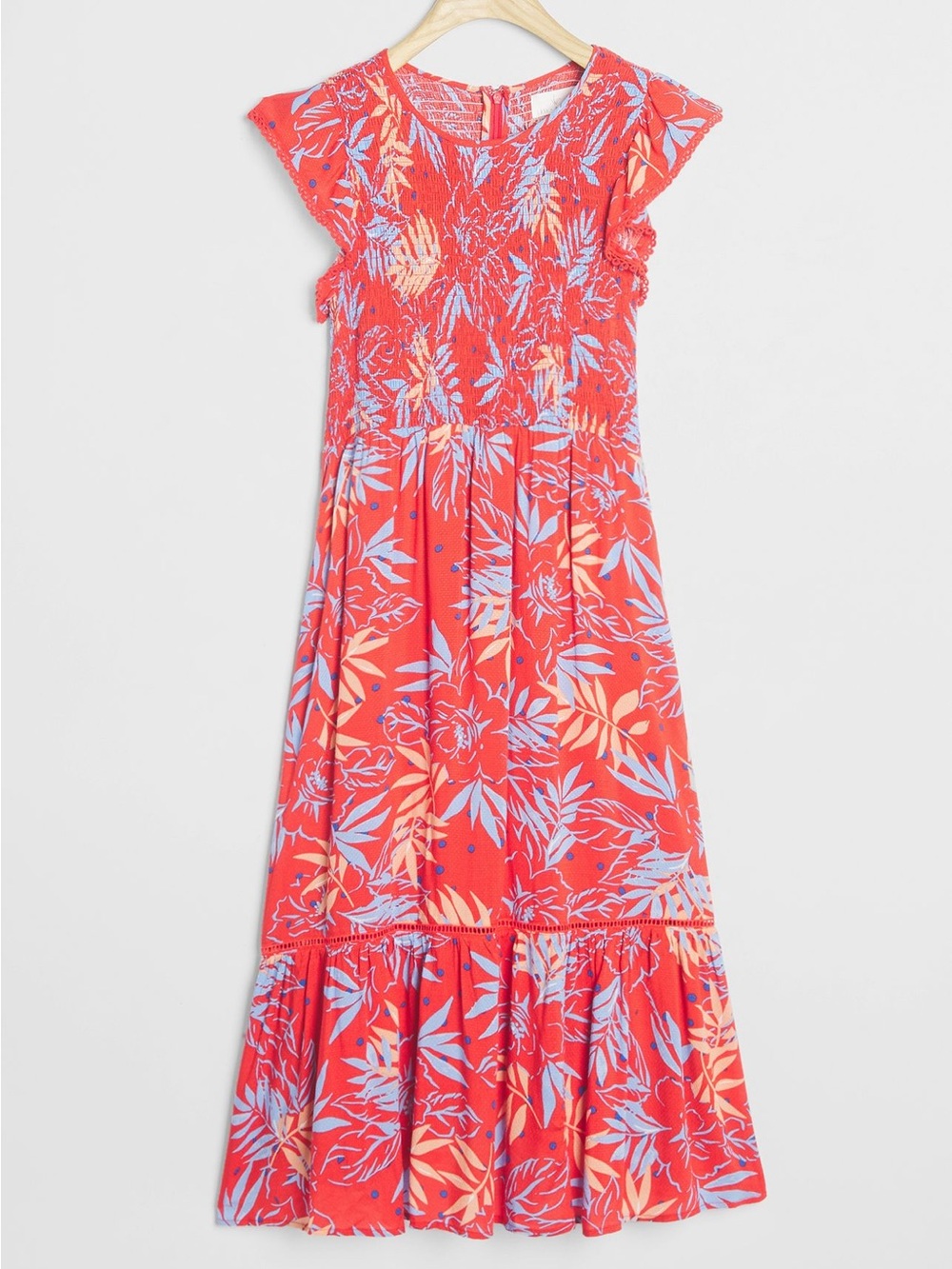 Anthropologie Red Midi Dress with Blue and Cream Leaf Print